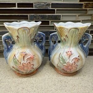 Vintage Iridescent Lusterware Ceramic Vases Set Brazil Floral Blue Double Handle